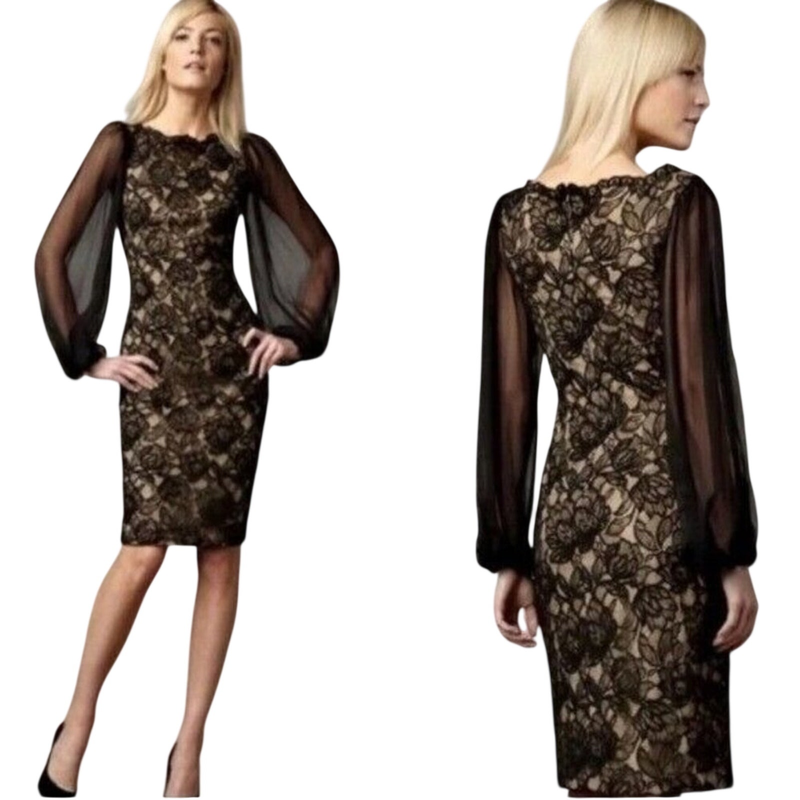 Tadashi Shoji Black Floral Lace Sheath Dress Midi Cocktail Formal Long Sleeve 8